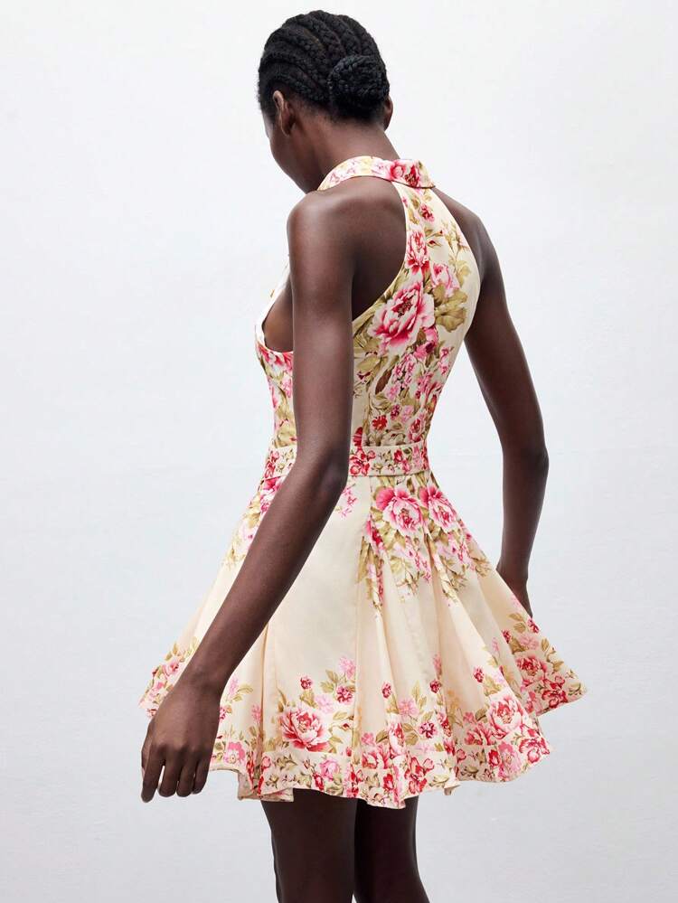 SHEIN Maija Peony Floral Print Collared Sleeveless Elegant Short Dress For Women, Waist Belt Cinched Waist Flared Hem, Suitable For Holiday, Party, Beach, Autumn/Winter, Halloween,Fall Dresses For Women