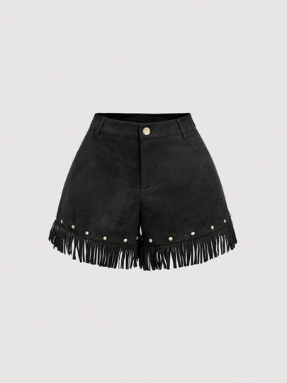 SHEIN MOD Women's Summer Casual Fashion Rivet Decor Tassel Hem Loose Shorts, Tassel Shorts, Western Shorts, Suede Shorts,Western Clothes For Women,Halloween Clothes Women