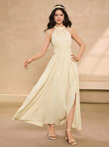 少女圆领 A 字腰高开衩优雅舞会礼服、派对连衣裙 - 杏色 - 查看 5