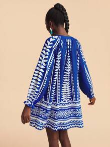 Travachic Women's Royal Blue Autumn Boho Vacation Holiday Plant Graphic Tassel Tie Neck Raglan Sleeve Loose Mini Shift Printed Tunic Blue And White Dress - Blue - View 3