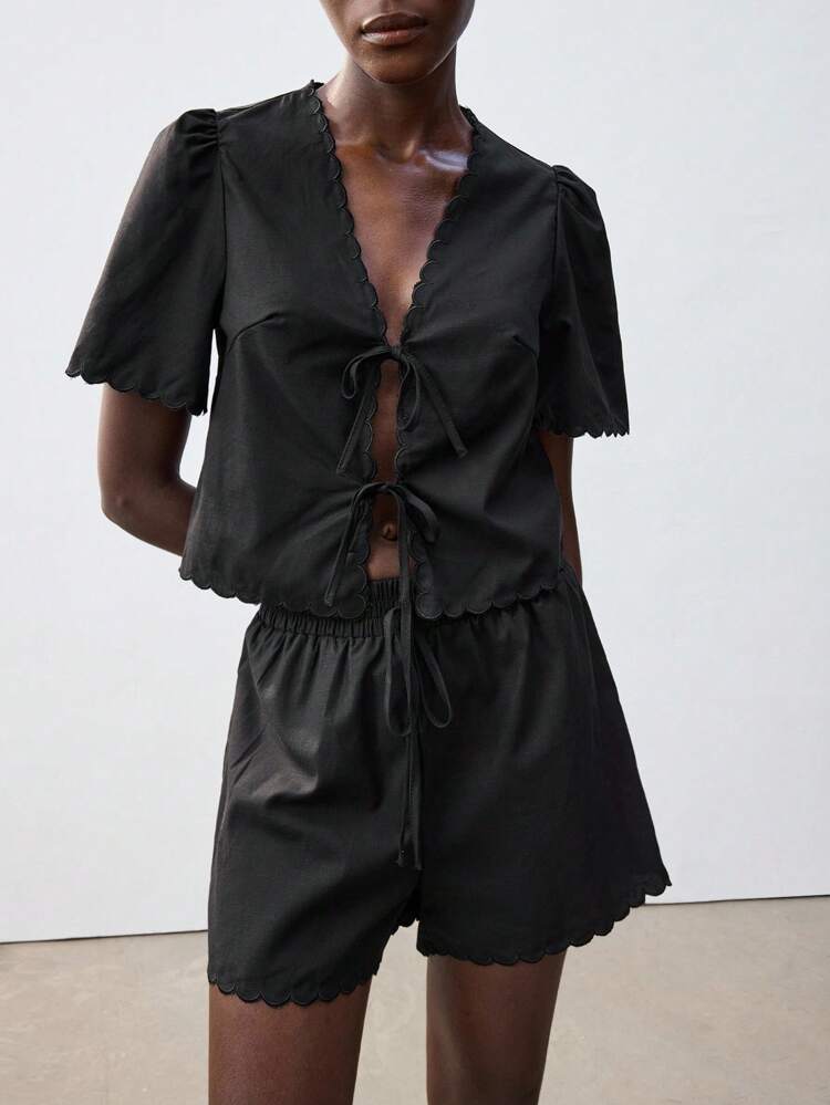 SHEIN Maija 2025 Spring Music Festival 2pcs/Set Women Solid Color Front Tie Petal Sleeve Shirt And Shorts, Bohemian Style