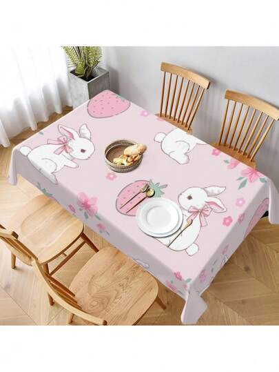 Kawaii 1 pieza Mantel con estilo cute Ins con un conejito de fresa rosa claro. Este lindo y cálido mantel rosa es adecuado para comer al aire libre en restaurantes, decoración del hogar, y también se puede usar para picnics y fiestas festivas