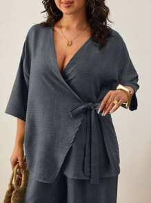 EURMUSE Top de manga corta asimétrico casual liso y pantalones anchos casuales para mujer - Gris Oscuro - Ver 4