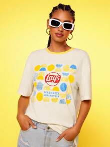 Lay's X SHEIN Women's Summer Casual Contrast Trim Letter Graphic Round Neck Short Sleeve T-Shirt