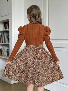 SHEIN Tween Girl Brown Color Boho Knitted Round Neck Long Sleeve Patchwork Ditsy Floral Dress, Suitable For Autumn Winter, Winter Dress For Holiday