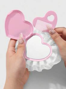 ROMWE Kawaii 1 件可爱卡通亚克力小巧双面镜和梳子套装，精致白色网状丝带，粉色树脂闪光翅膀熊装饰，多功能迷你心形玻璃镜，钥匙扣和包包饰品礼品套装，适合女士 - 粉色 - 查看 2
