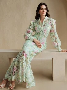 Anewsta 女士优雅花卉蕾丝镂空褶皱鱼尾下摆修身半身裙，夏季穿搭 - 綠色 - 查看 1