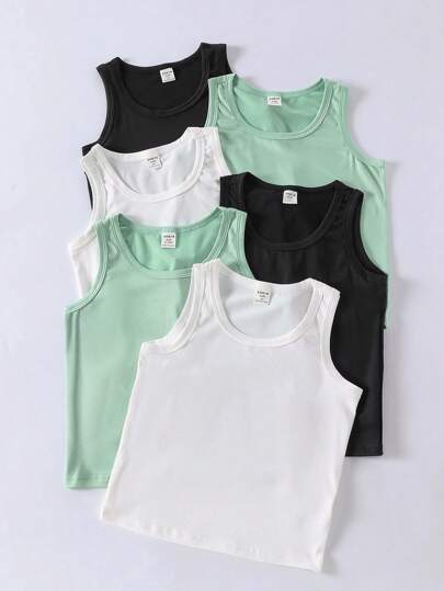 SHEIN Playful Pals 6pcs Pack Toddler Boys' Solid White Round Neck Casual Jersey Tanks, Soft & Comfortable Fabric, Suitable For Daily Wear, Sports, Vacation - Can Be Paired With Shorts For Everyday Casual Looks, Back To School Kids Undershirt Boys Tank Tops