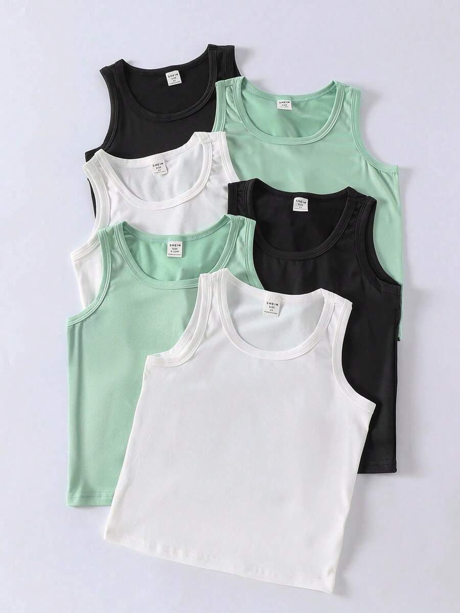 SHEIN Playful Pals 6 件装幼儿男童纯白色圆领休闲针织背心，面料柔软舒适，适合日常穿着、运动、度假 - 可搭配短裤，打造日常休闲造型，适合返校 - 彩色 - 查看 1