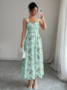 Elenzga 春夏新款花卉优雅收腰褶皱长裙女装 - 綠色 - 查看 3