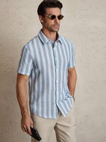 Manfinity Homme 条纹印花前开襟纽扣休闲短袖衬衫，男士夏季条纹短袖单排扣休闲衬衫 - 彩色 - 查看 1