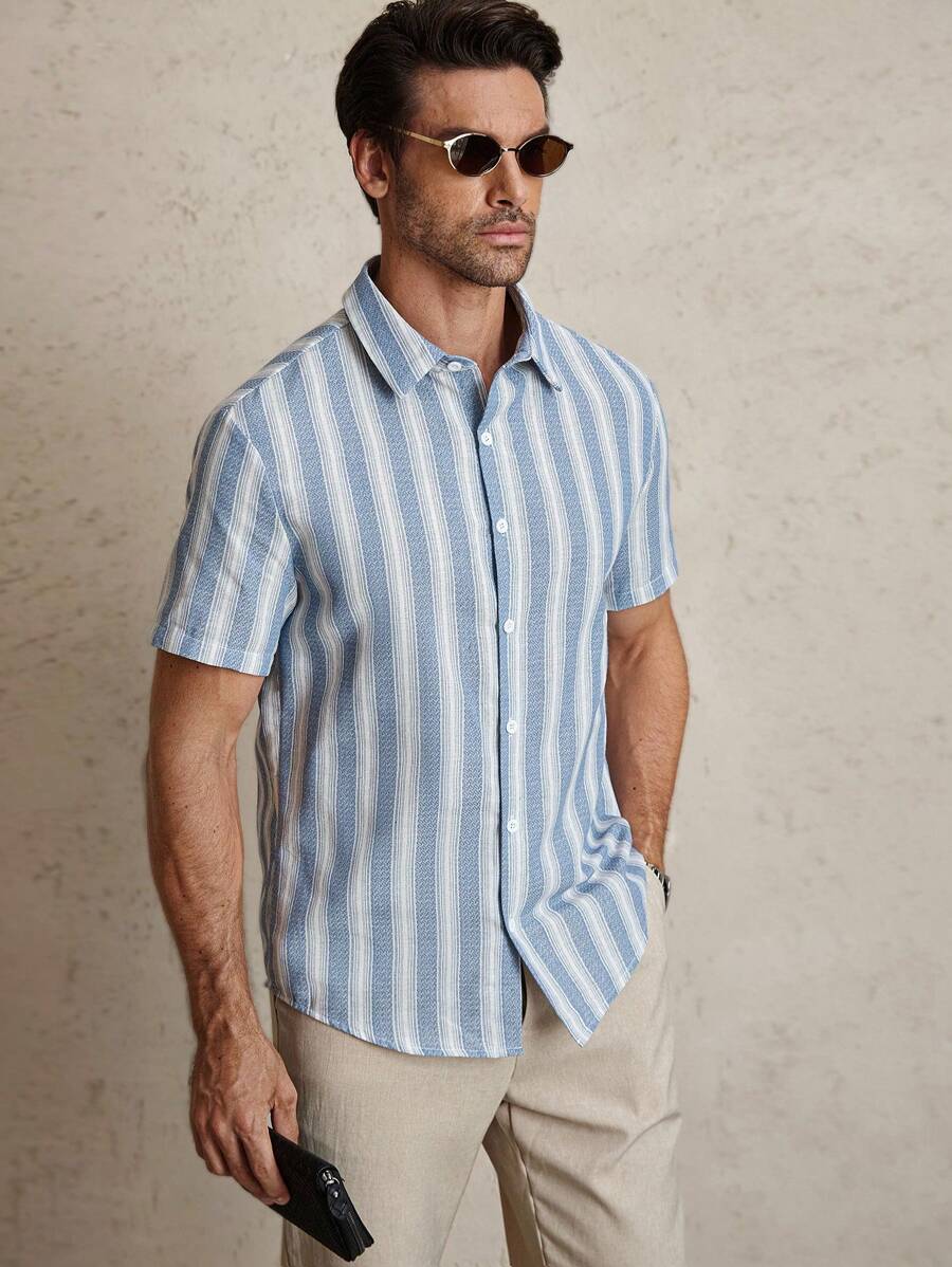 Manfinity Homme 条纹印花前开襟纽扣休闲短袖衬衫，男士夏季条纹短袖单排扣休闲衬衫 - 彩色 - 查看 1