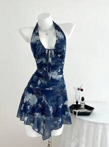 SHEIN Unity 海军蓝腰果印花低胸系带不对称下摆优雅女士度假夏装