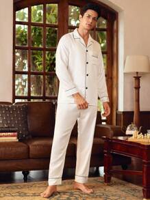 SHEIN Men Contrast Piping Lapel Collar Top & Pants PJ Set, White Pajama Set, Fall Clothes - White - View 5