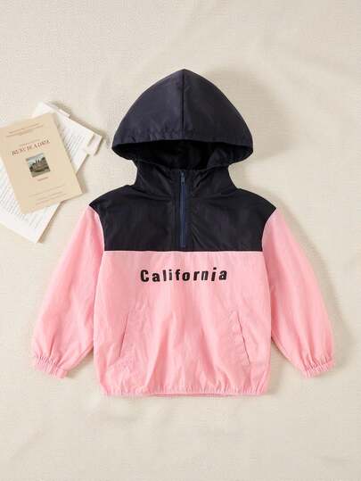 SHEIN Explorewe 女童时尚拼接宽松短款连帽休闲外套，适合2025年返校季，展现童趣学院风和校园运动装风格，春秋季女童连帽轻薄外套，加州风粉色连帽外套，秋冬季必备。