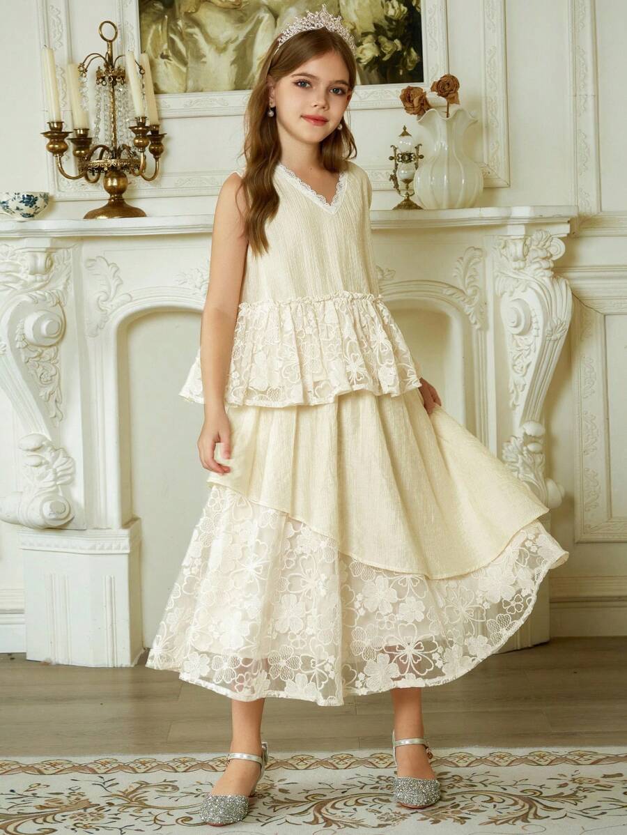 Hapijoa 女童加大蕾丝拼布不对称下摆上衣和裙子套装，夏季 - 杏色 - 查看 1