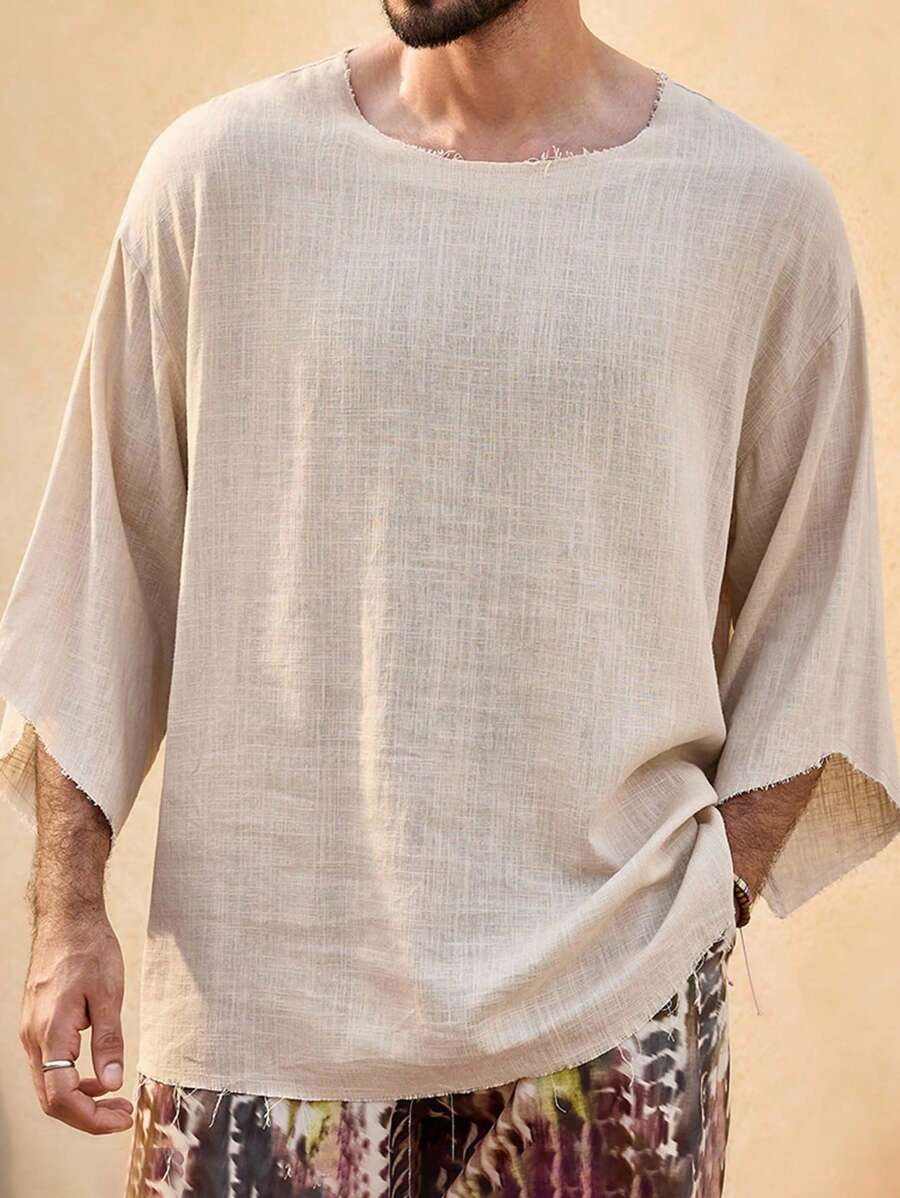 EASEVO Plus Size Men's Casual Woven 7/8 Sleeve Round Neck T-Shirt, Suitable For Summer