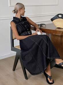 DAZY 女士休闲无袖收腰A字连衣裙，撞色拼接牛仔夏季度假连衣裙 - 藍色 - 查看 6