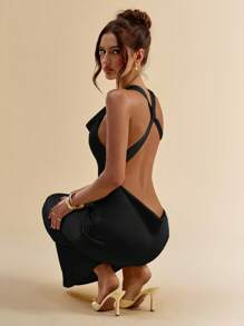 SHEIN BAE Women Summer Solid Yellow Spaghetti Strap Open Back Satin Dress - Black - View 4