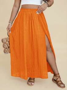 SHEIN VCAY 大码女式纯色松紧腰侧开衩下摆休闲半身裙