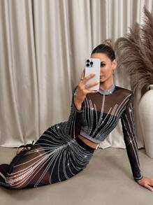 Lavishia 2pcs/Set Women Sexy Beaded Print Mesh Knit Bodycon Set - Multicolor - View 6