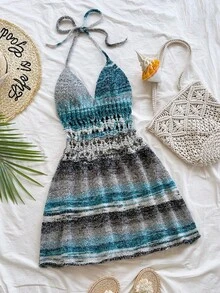 Soleia Women's Light Grey Autumn Boho Beach Holiday Vintage Colorful Gradient Yarn V-Neck Hollow Flared Mini Crochet Knitted Sweater Dress For Party,Date - Multicolor - View 1