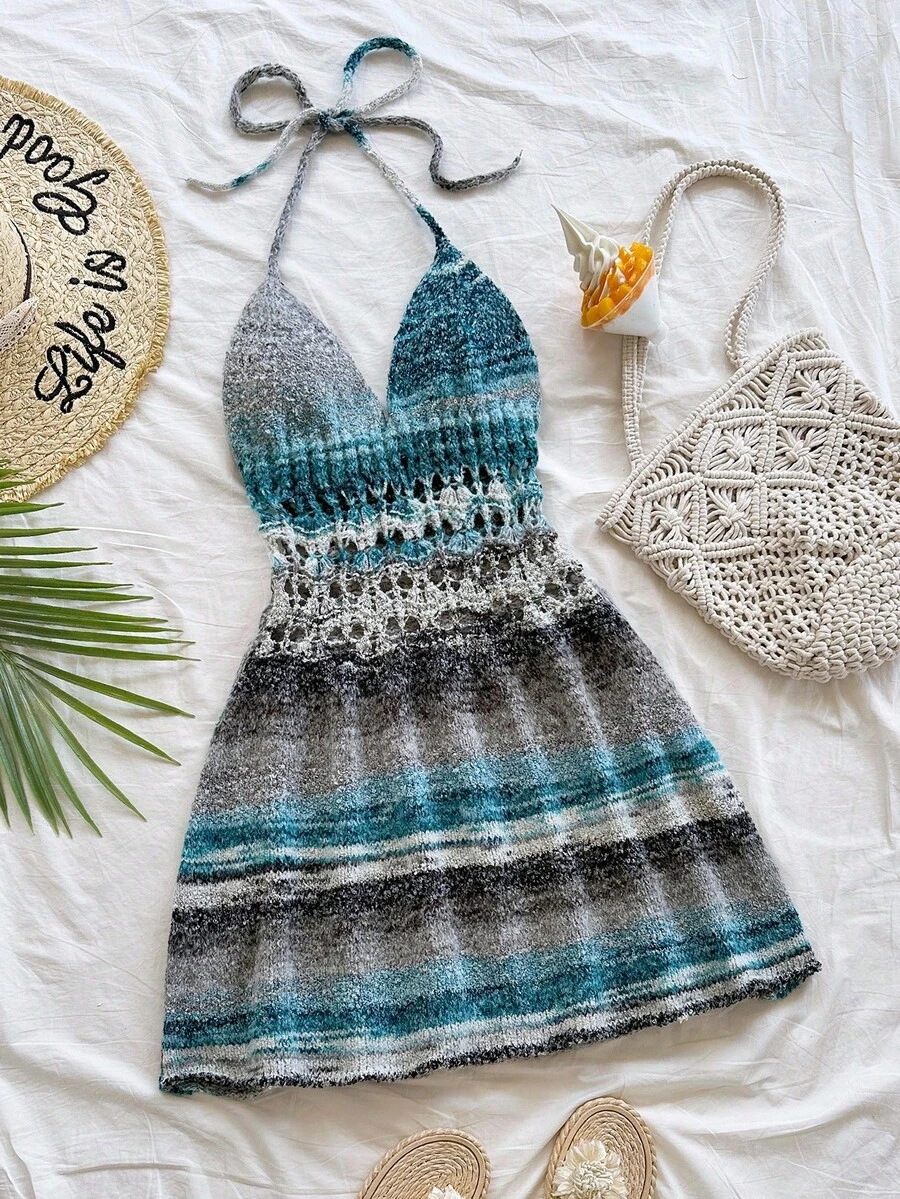 Soleia Women's Light Grey Autumn Boho Beach Holiday Vintage Colorful Gradient Yarn V-Neck Hollow Flared Mini Crochet Knitted Sweater Dress For Party,Date - Multicolor - View 1