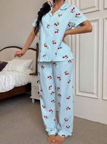 SHEIN Comfortable Women's Cherry Patterned Pajama Set With Regular Fit And Relaxed Style Cherry Pajama Set - Baby Blue - View 3