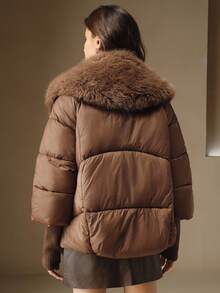 Anewsta Women's Luxurious Faux Fur Collar Lantern Sleeve Thickened Fashion Jacket - Brown - View 11