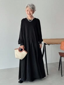 FRIFUL 女式黑色纯色拼布面料褶皱长裙长袖连衣裙、办公室连衣裙、商务休闲连衣裙 - 黑色 - 查看 4