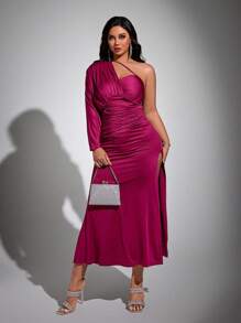 Viva Relle Party Plus Asymmetrical Neck Ruched Split Thigh Dress Fall Cloth For Women - Hot Pink - View 7