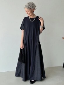 FRIFUL 女士夏季休闲拼接长款连衣裙 - 藏蓝色 - 查看 3