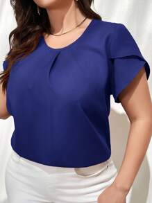 SHEIN Privé 大码女式优雅办公室通勤知性圆领泡泡袖短袖夏季衬衫 - 藏蓝色 - 查看 4