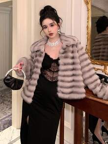 DAZY 时尚轻薄光滑蓬松领夹克，女士冬季外套 - 灰色 - 查看 4