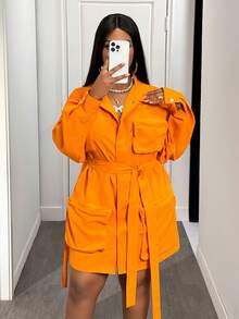 Slaydiva Áo khoác công sở/giải trí cổ điển kiểu phương Tây cổ điển thu đông 2025 mới, cỡ lớn dành cho nữ, tay dài, có cổ, vai trễ, nhiều túi, có thắt lưng, áo khoác tiện dụng màu cam mùa thu - trái cam - Xem 4