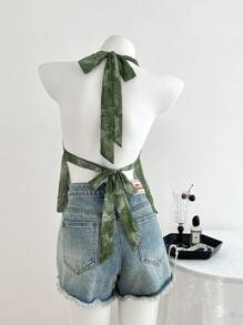 Elamini 女式复古印花 V 领挂脖吊带背心，适合春夏季度假