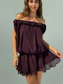 Aloruh Date Night Outfits Women Eggplant Purple Women's Vacation Cute & Sexy Daily Wear Chiffon Off Shoulder Mini Dress - Red Violet - View 3