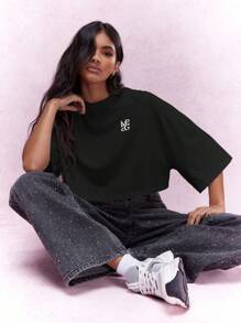 MISSGUIDED Crop top oversize casual, con spalle rilasciate, maniche a tre quarti, logo ricamato, in misto cotone, stile athleisure, moda autunnale, vestibilità squadrata, stile urban - nero - Visualizzare 6