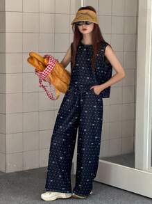 DAZY 少女波点蝴蝶结印花圆领无袖上衣和阔腿牛仔裤宽松套装