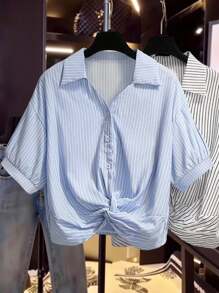 Franclia 女士休闲条纹扭纹短袖衬衫 - 藍色 - 查看 3