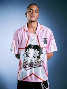 ROMWE MEN Betty Boop | ROMWE 男士夏季粉色卡通星星印花短袖 Polo 衫，2000 年代风格 - 粉色 - 查看 12