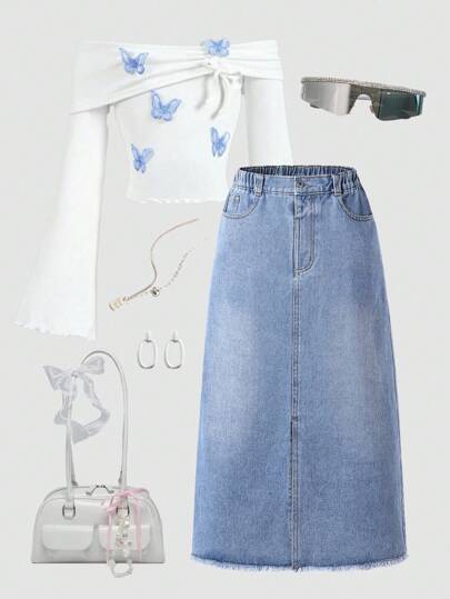 Sparklyn Denimly Teen Girls Straight Denim Midi Skirt. Korean Vintage Fashionable Casual School Style Minimalist Recommendation. Washed Blue Fresh And Natural. Elastic Waistband For Comfortable Wear. Loose Relaxed Fit. High Front Slit Design. Suitable For Outings, Dates, Outdoor Leisure, Campus Daily Wear, Gathering With Friends, Parties. An Essential Versatile Item For Summer! Fall Winter