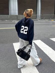 SHEIN 少女休闲宽松舒适连帽运动衫和裤子套装，简约设计，带有数字印花 - 藏蓝色 - 查看 1