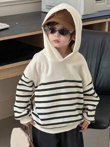 DAZY Young Boys Casual Loose Fit Striped Fleece Sweatshirt, Street Style For Autumn, Winter - Black and White - View 8