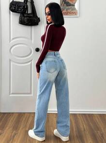 EURMUSE 女式低腰口袋直筒宽松休闲百搭牛仔裤 - 淺色水洗藍 - 查看 2