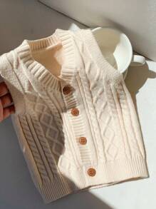 SHEIN Baby/Toddler Unisex Sleeveless V-Neck Knit Cardigan Vest, Soft, Comfortable, Versatile For Casual Wear, Suitable For Indoor, Outdoor, Daily, Sports, Play, Party, Photo Shoot, Festival, Halloween, Spring/Summer/Autumn/Winter Fall