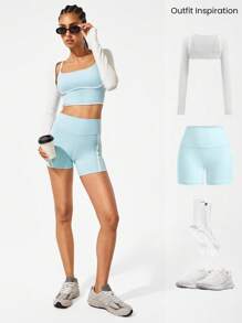 GLOWMODE FeatherFit™ 双色圆领长款运动内衣，低冲击瑜伽日常穿着 - 水藍色 - 查看 7