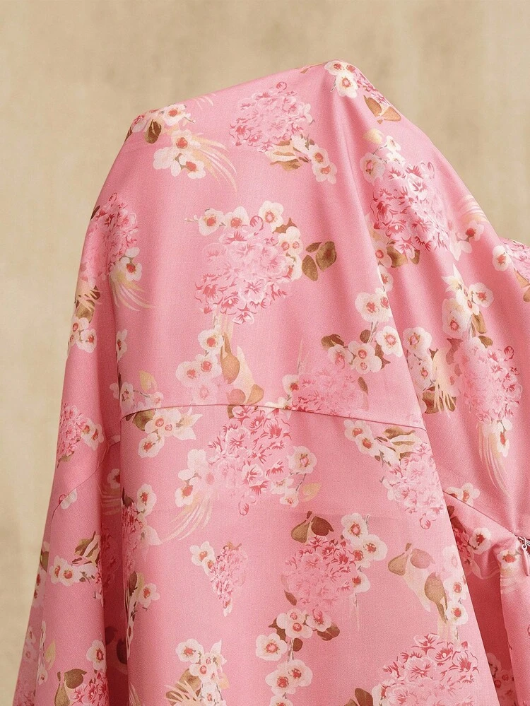 Summer Vacation Style Pink Ditsy Floral Long Sleeve V-Neck Dress With Belt For Women