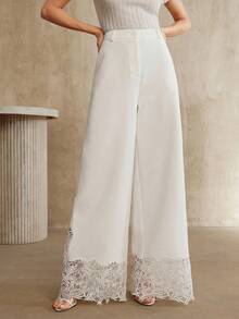 Anewsta Women's High Waist Flowy Lace Embroidery Patchwork Pants, Vacation Style - White - View 1