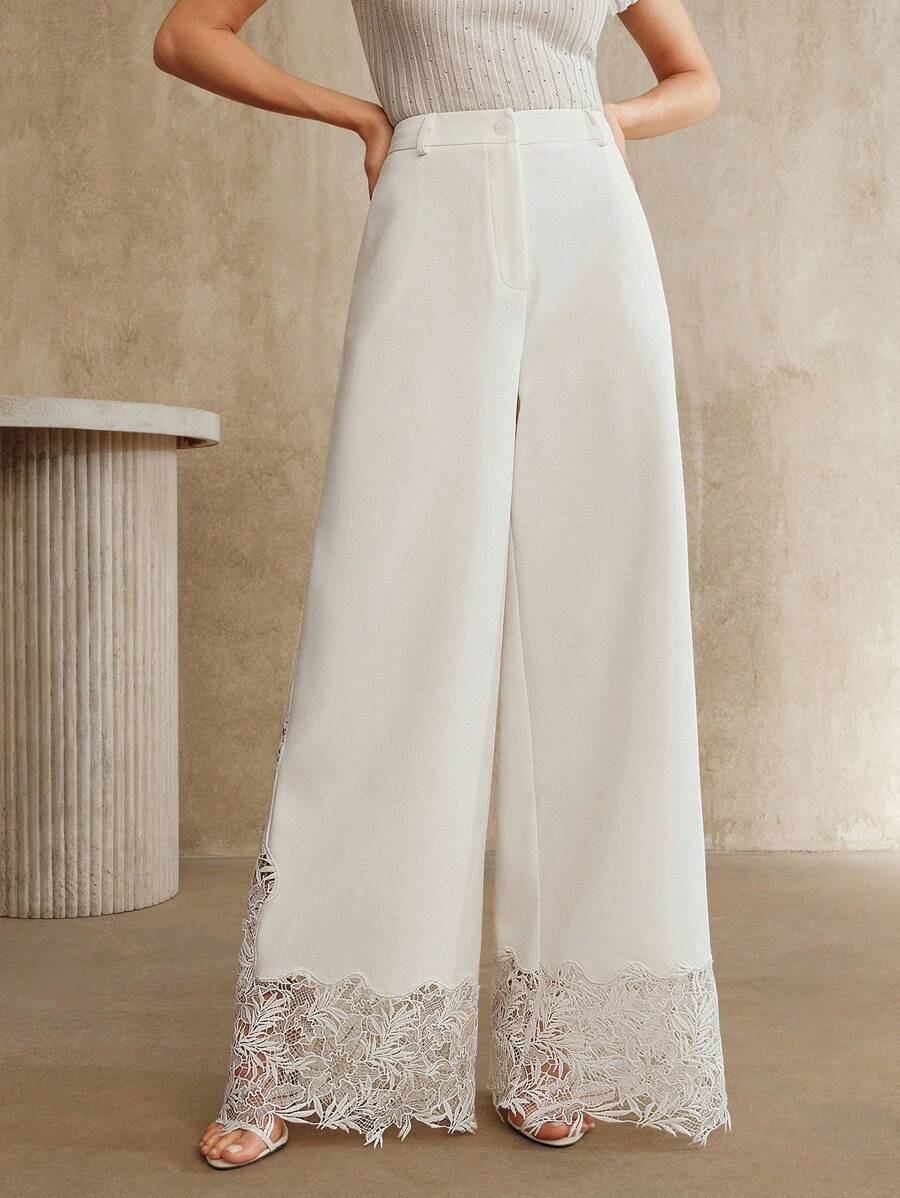 Anewsta Women's High Waist Flowy Lace Embroidery Patchwork Pants, Vacation Style - White - View 1